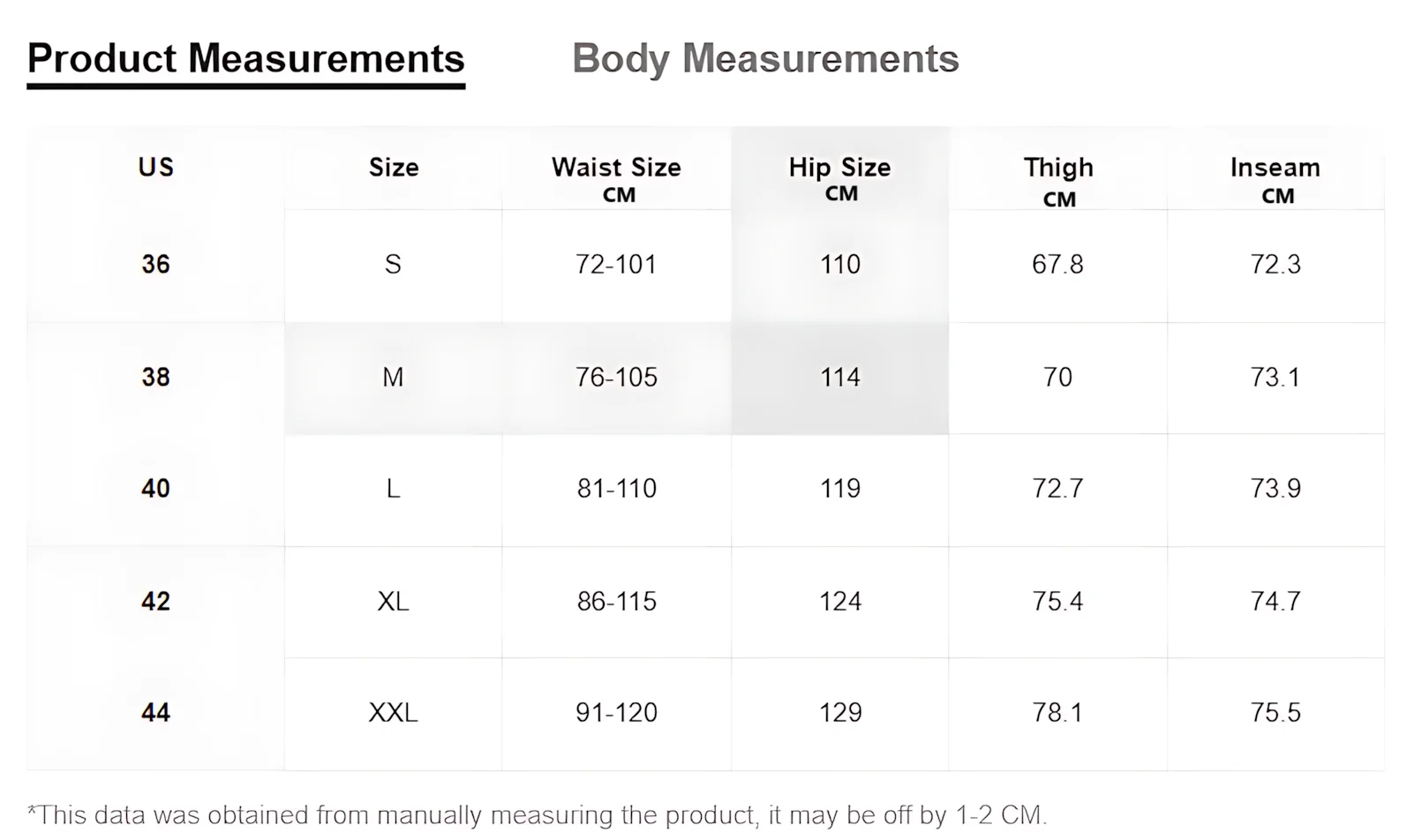Men Casual Pants Size Guide